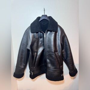 H&M Black Leather Jacket with Shearling Collar